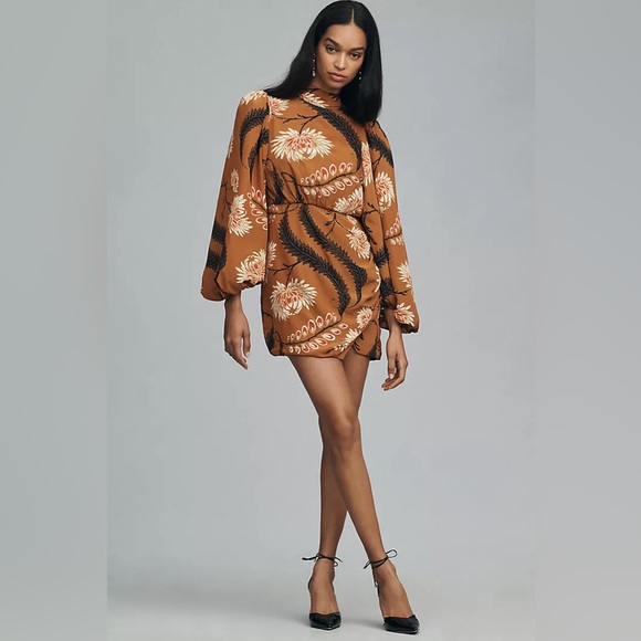 RHODE Cinnamon Brown Floral Mini Dress with Cream & Black Accents - Picture 7 of 10